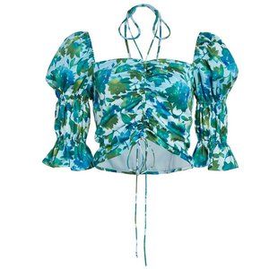 NWT AMUR Raveena Puff-Sleeve Teal Blue Floral Blouse